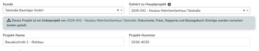 Feld Gehört zu Hauptprojekt in den Stammdaten mit Hinweis auf das Hauptprojekt