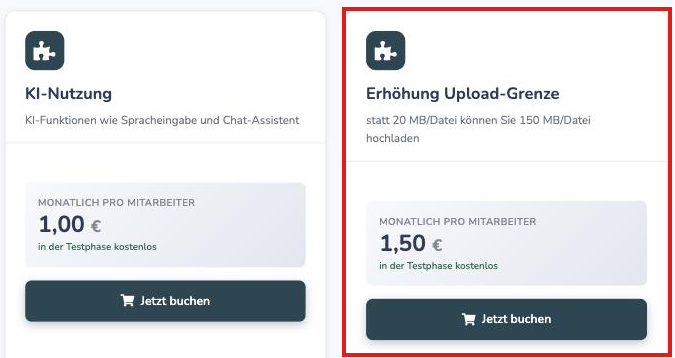 Seite Zusatzoptionen buchen mit der Karte Erhöhung Upload-Grenze