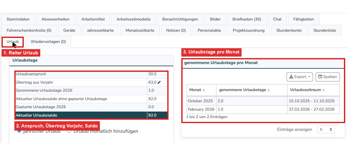 Reiter Urlaub beim Mitarbeiter mit Urlaubstagen und Übersicht pro Monat