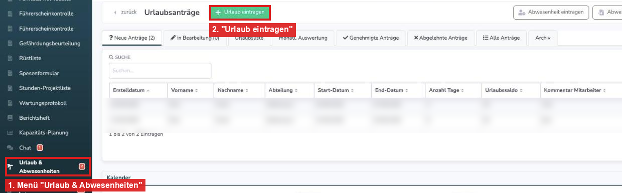 Navigation "Urlaub & Abwesenheiten" und Button "Urlaub eintragen" auf der Seite Urlaubsanträge