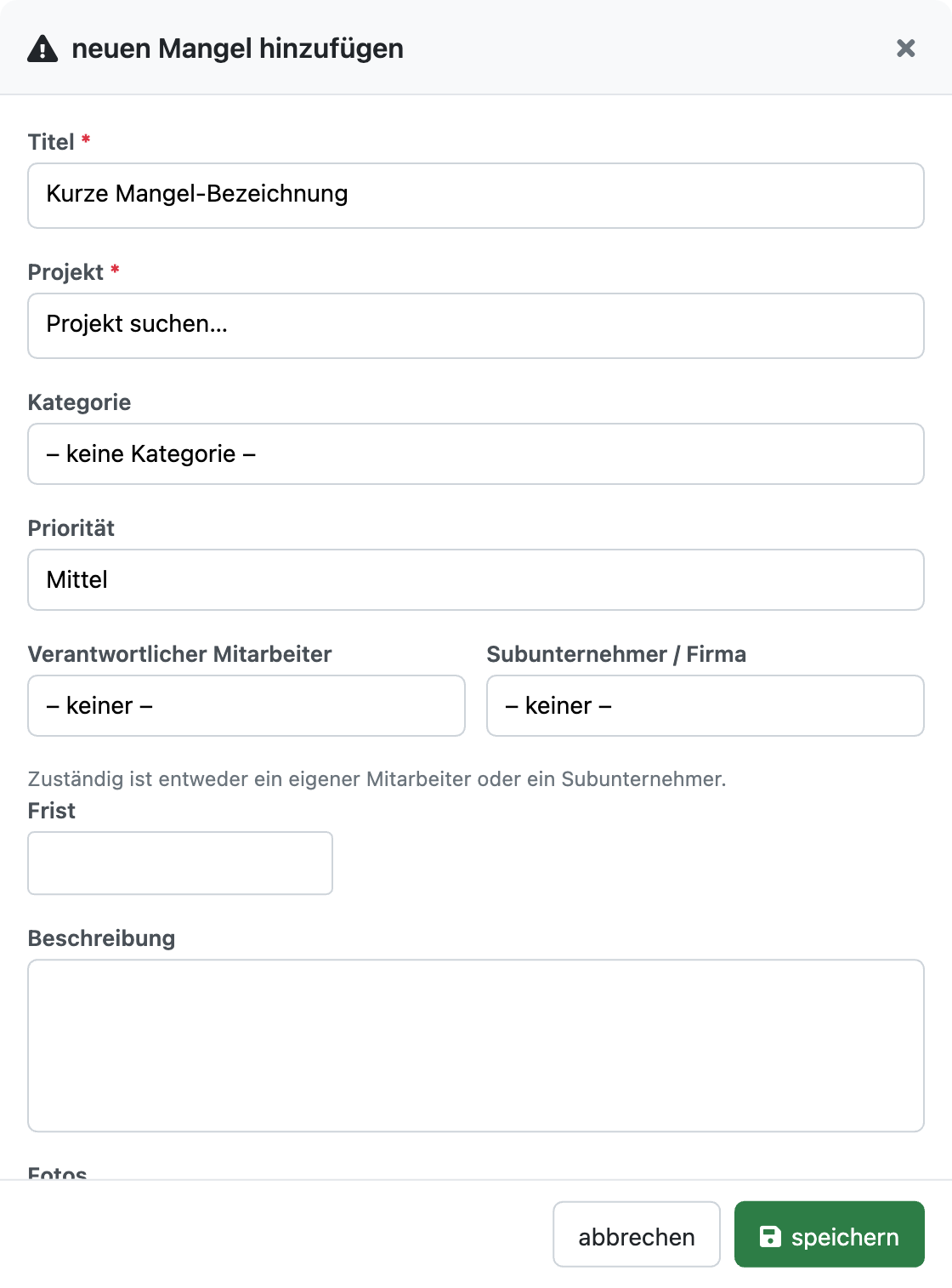Das Formular zum Erfassen eines Mangels mit den Feldern Titel, Projekt, Kategorie, Priorität, Frist und Beschreibung