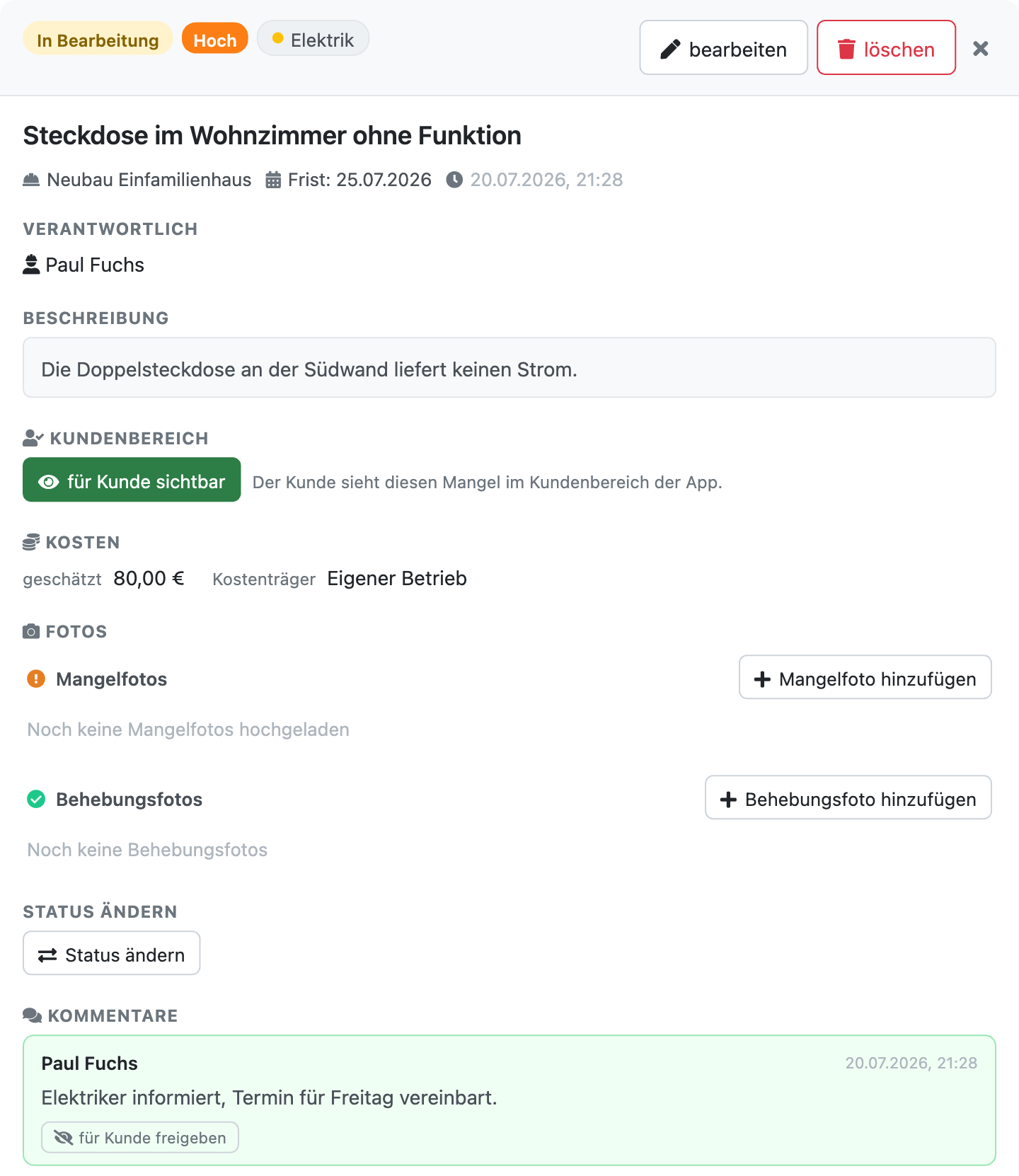 Detailansicht eines Mangels mit Verantwortlich, Beschreibung, Kosten, Fotos, Status ändern und Kommentaren