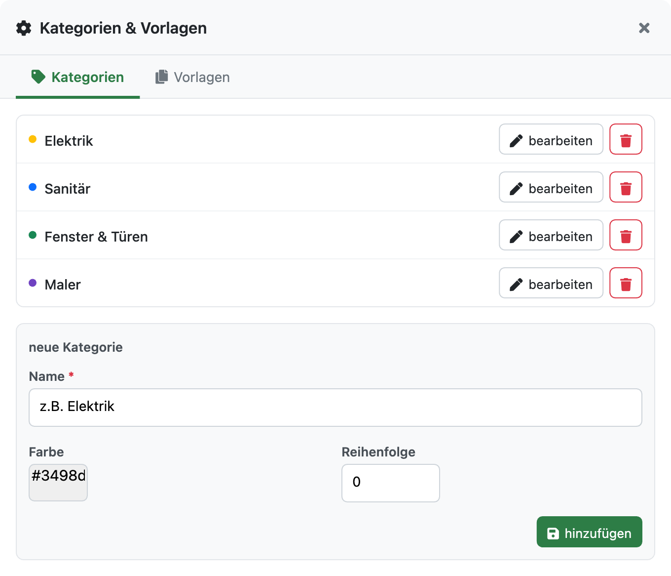 Fenster Kategorien und Vorlagen mit einer Liste angelegter Kategorien und dem Formular für eine neue Kategorie