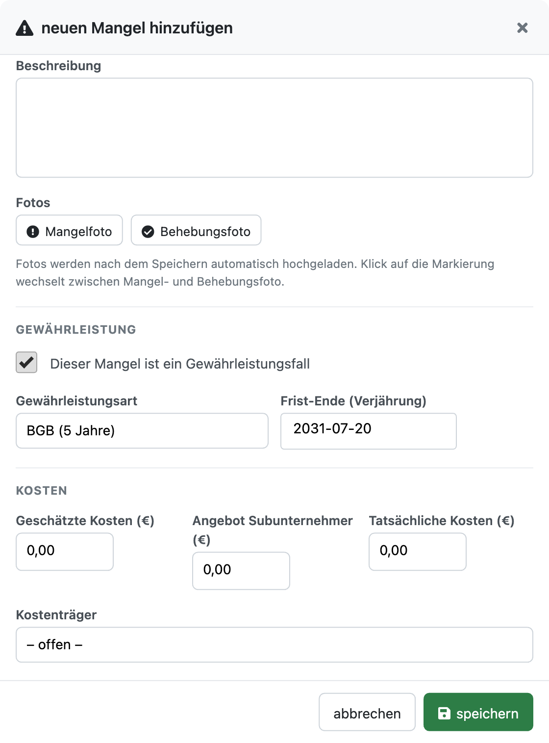 Bereich Gewährleistung im Mangel-Formular mit aktiviertem Gewährleistungsfall, Gewährleistungsart BGB und dem Kosten-Bereich