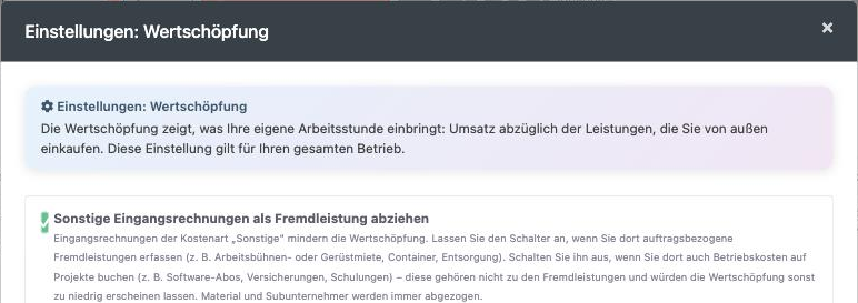 Fenster Einstellungen Wertschöpfung mit dem Schalter für sonstige Eingangsrechnungen