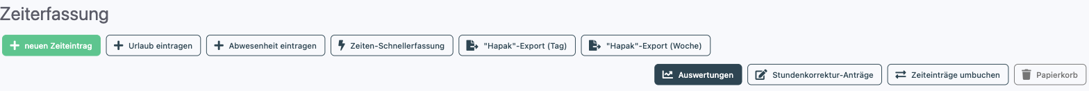 Button-Leiste der Zeiterfassung mit dem Button Zeiteinträge umbuchen