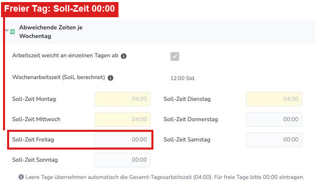 Arbeitszeitmodell, Abschnitt Abweichende Zeiten je Wochentag: Soll-Zeit Freitag 00:00