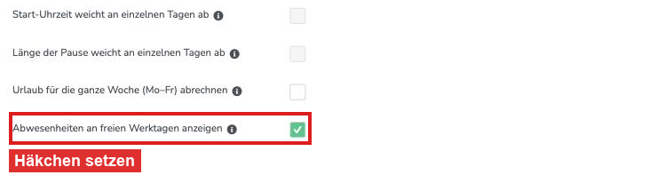 Aktivierte Checkbox Abwesenheiten an freien Werktagen anzeigen