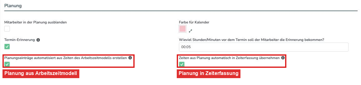 Mitarbeiter, Bereich Planung: Planungseinträge aus dem Arbeitszeitmodell und Übernahme in die Zeiterfassung