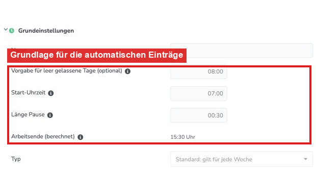 Arbeitszeitmodell Grundeinstellungen mit Start-Uhrzeit und Länge der Pause