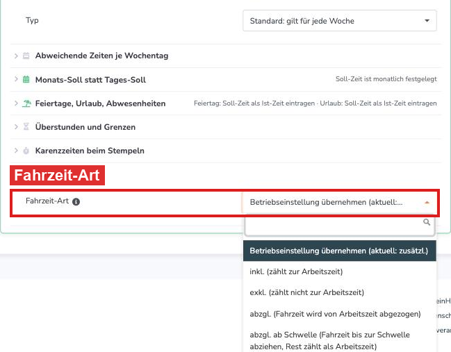 Arbeitszeitmodell mit aufgeklapptem Abschnitt Fahrzeit: das Auswahlfeld Fahrzeit-Art ist rot markiert und die Liste der Fahrzeit-Arten geöffnet