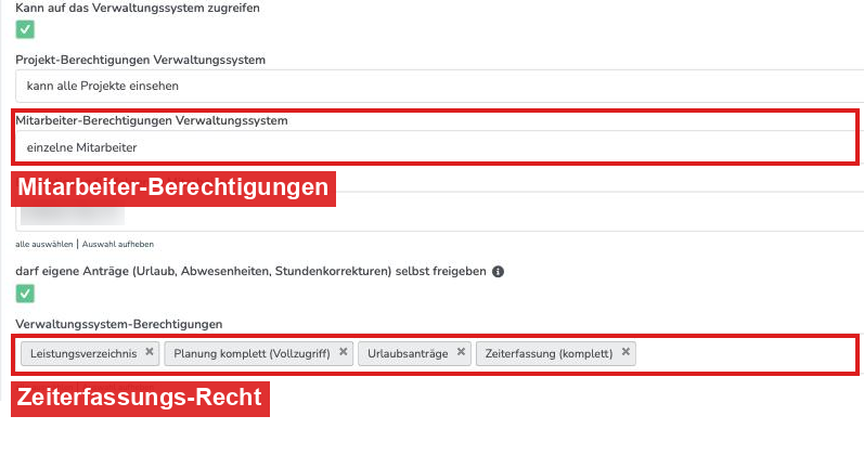 Nutzer-Rolle mit Mitarbeiter-Berechtigungen und Zeiterfassungs-Recht
