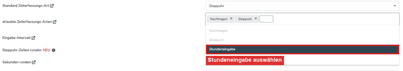 Einstellungen, Reiter Zeiterfassung: Auswahl Stundeneingabe bei erlaubte Zeiterfassungs-Arten