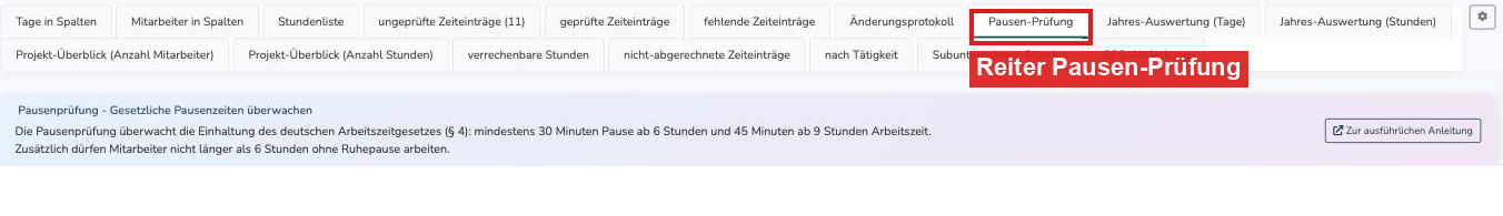 Reiter Pausen-Prüfung in der Auswertung mit Hinweis zur gesetzlichen Regelung