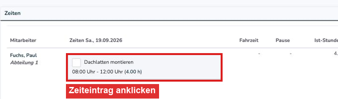 Zeiterfassung mit einem angeklickten Zeiteintrag