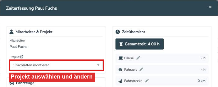Fenster des Zeiteintrags mit der Projekt-Auswahl oben links