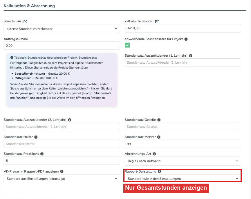 Projekt bearbeiten, Bereich Kalkulation und Abrechnung mit dem Auswahlfeld Rapport-Darstellung
