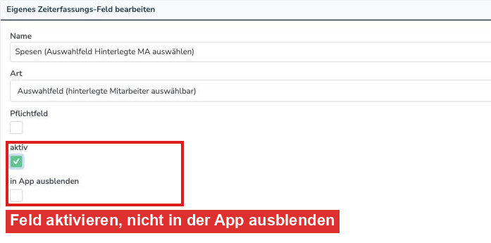 Einstellungen des eigenen Zeiterfassungs-Feldes: aktiv, in App ausblenden, in Auswertungen anzeigen