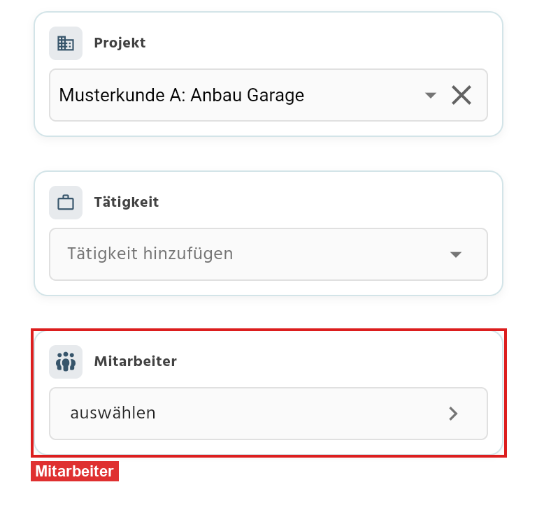 Stoppuhr in der App mit dem Feld "Mitarbeiter"