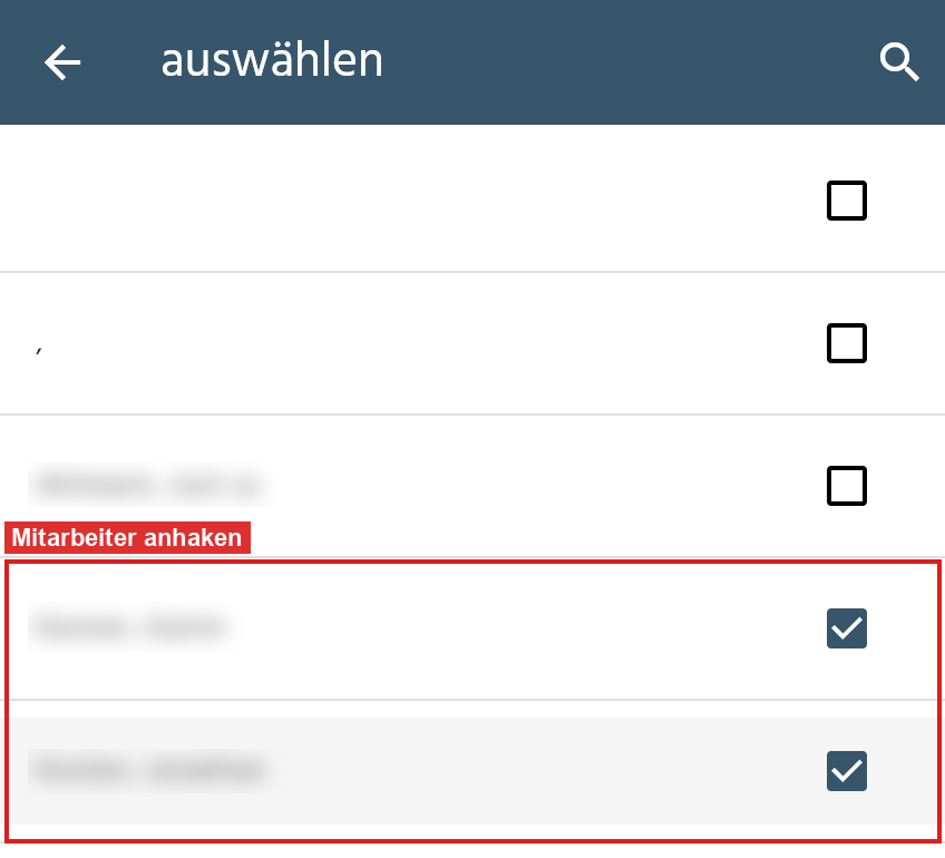 Mitarbeiterauswahl in der App mit zwei angehakten Mitarbeitern