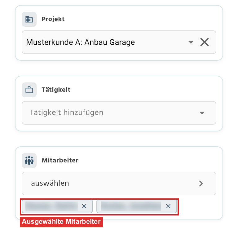 Stoppuhr in der App mit den ausgewählten Mitarbeitern