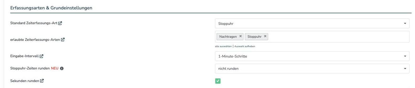Einstellungen, Reiter Zeiterfassung: das Auswahlfeld Stoppuhr-Zeiten runden unter dem Feld Eingabe-Intervall