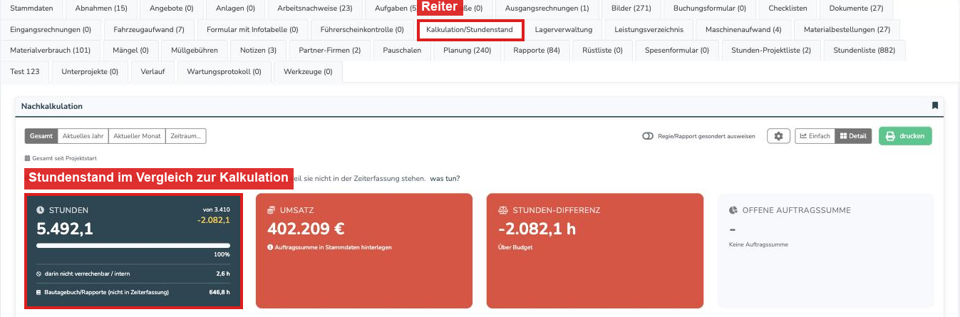 Projekt mit markiertem Reiter Kalkulation/Stundenstand und der Stundenstand-Anzeige im Vergleich zu den kalkulierten Stunden