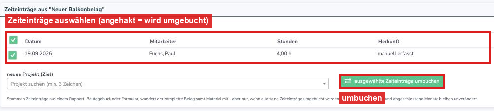 Trefferliste mit angehakten Zeiteinträgen, Herkunfts-Spalte und der Auswahl des Zielprojekts