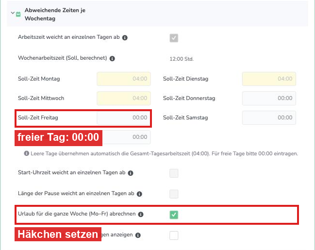 Abschnitt Abweichende Zeiten je Wochentag mit Soll-Zeit 00:00 am freien Tag und dem Häkchen bei Urlaub für die ganze Woche (Mo–Fr) abrechnen
