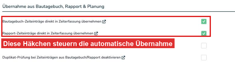 Einstellungen, Reiter Zeiterfassung: Häkchen für die automatische Übernahme von Bautagebuch- und Rapport-Zeiteinträgen