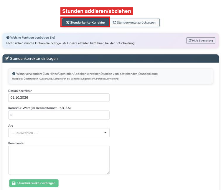 Stundenkonto-Korrektur: Formular mit Datum, Korrektur-Wert, Art und Kommentar