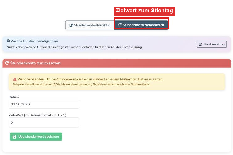 Stundenkonto zurücksetzen: Formular mit Datum und Ziel-Wert