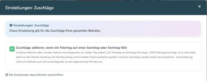 Fenster Einstellungen Zuschläge mit aktiviertem Schalter Zuschläge addieren, wenn ein Feiertag auf einen Samstag oder Sonntag fällt