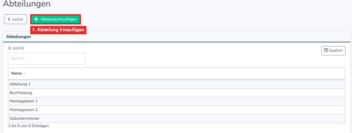 Liste der Abteilungen mit dem Button Abteilung hinzufügen