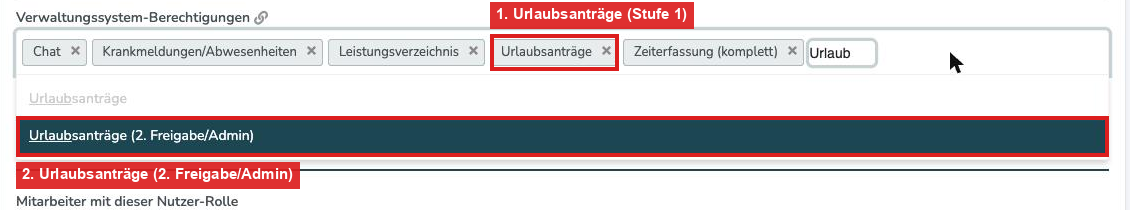 Nutzer-Rolle mit den Verwaltungssystem-Berechtigungen Urlaubsanträge und Urlaubsanträge (2. Freigabe/Admin)